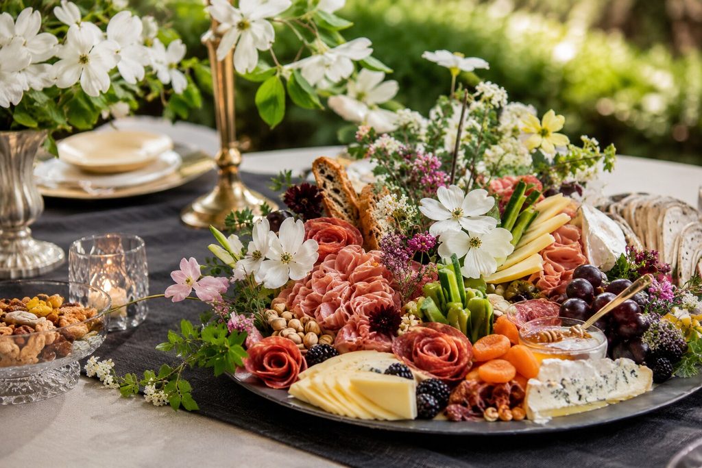 CATORI Artisian Event Design and Management Charcuterie Presentation - CATORI Artisan Charcuterie board with cheeses, meats, fruits, nuts, and a floral centerpiece on an outdoor table.
