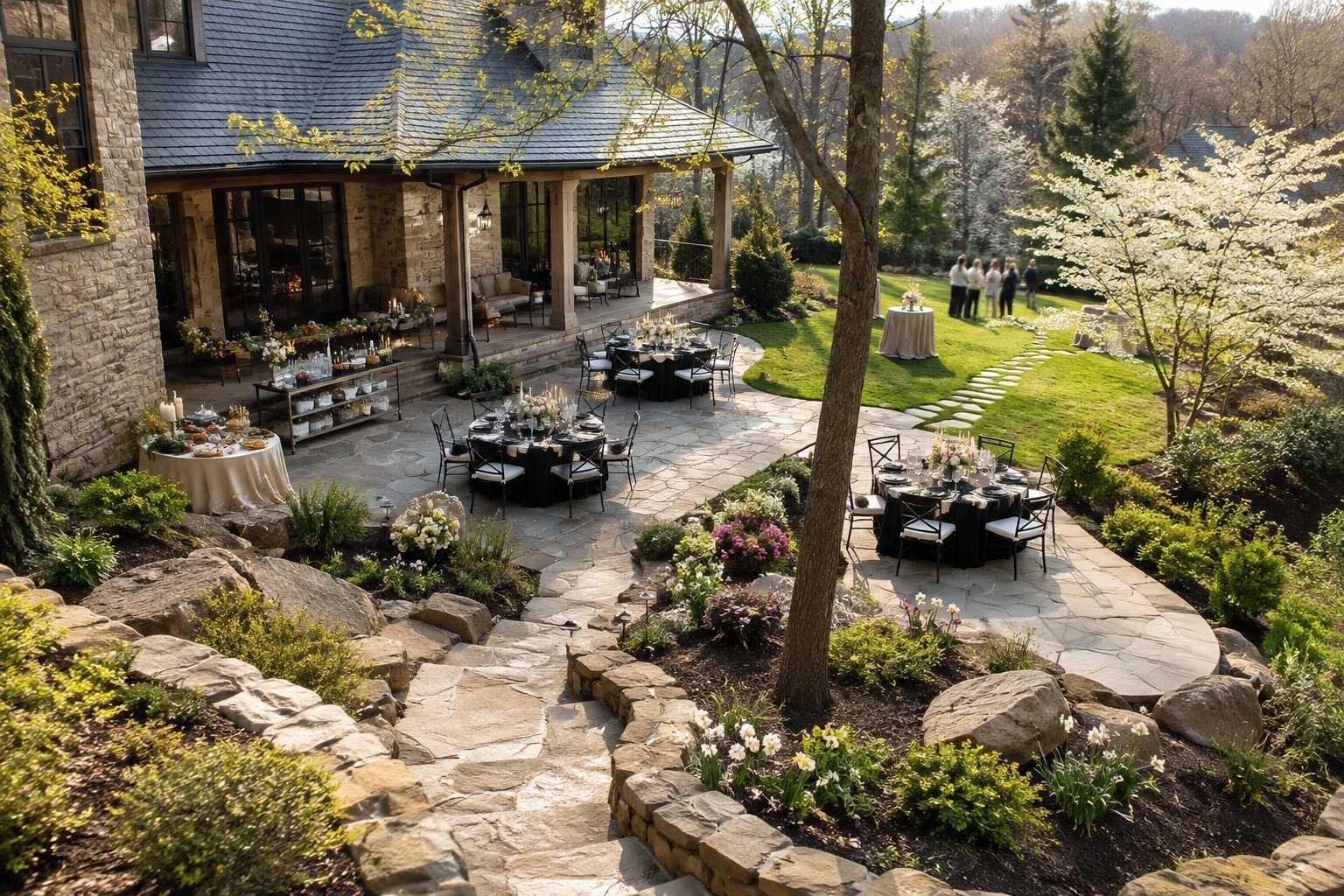 CATORI Artisian Event Design and Management Property Layout - CATORI Artisan Outdoor wedding reception on a stone patio beside a stone house, with round tables, black tablecloths, and floral centerpieces.