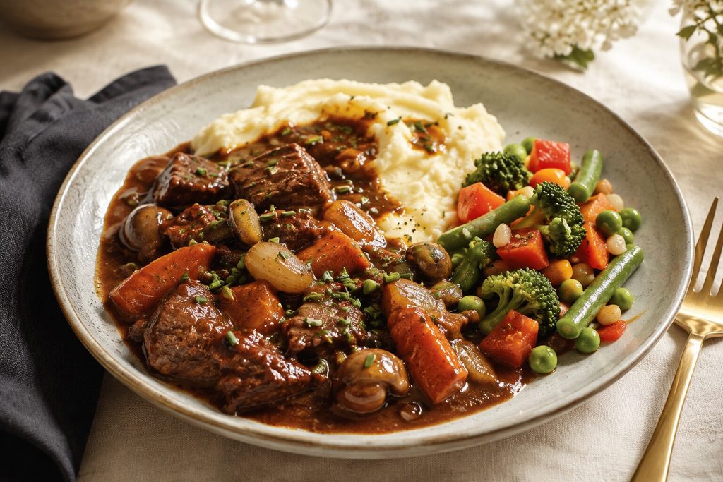 Plate of braised beef with onions and mushrooms in gravy, mashed potatoes on the side, and a colorful medley of vegetables (carrots, broccoli, peas)