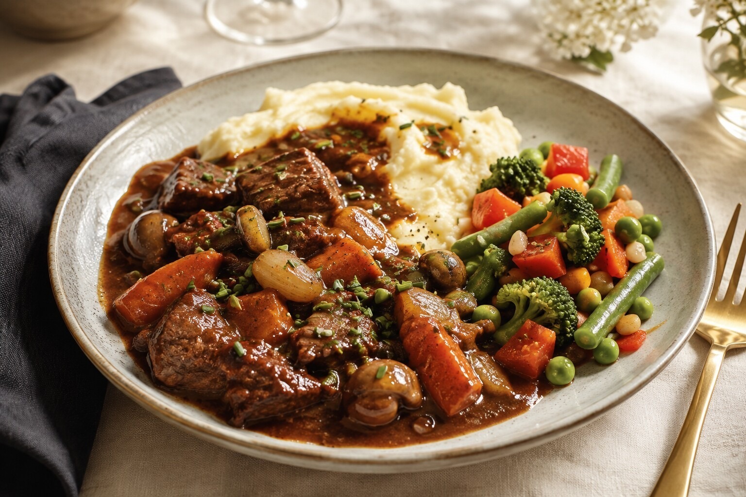 CATORI Artisian Event Design and Management Retirement Dinner - CATORI Artisan Plate of braised beef with onions and mushrooms in gravy, mashed potatoes on the side, and a colorful medley of vegetables (carrots, broccoli, peas)