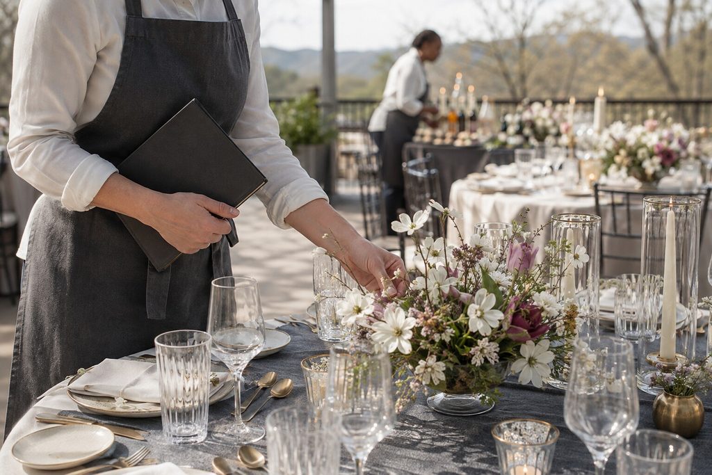 CATORI Artisian Event Design and Management Team Coordination - CATORI Artisan Server in a gray dress and black apron arranging a floral centerpiece on an outdoor dining table with candles and glassware nearby