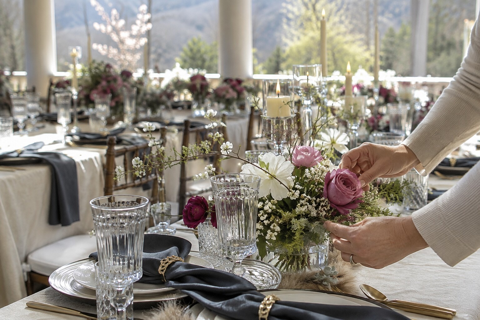 A person arranges pink and white flowers in a glass centerpiece on an elegantly set banquet table with candles and glassware.