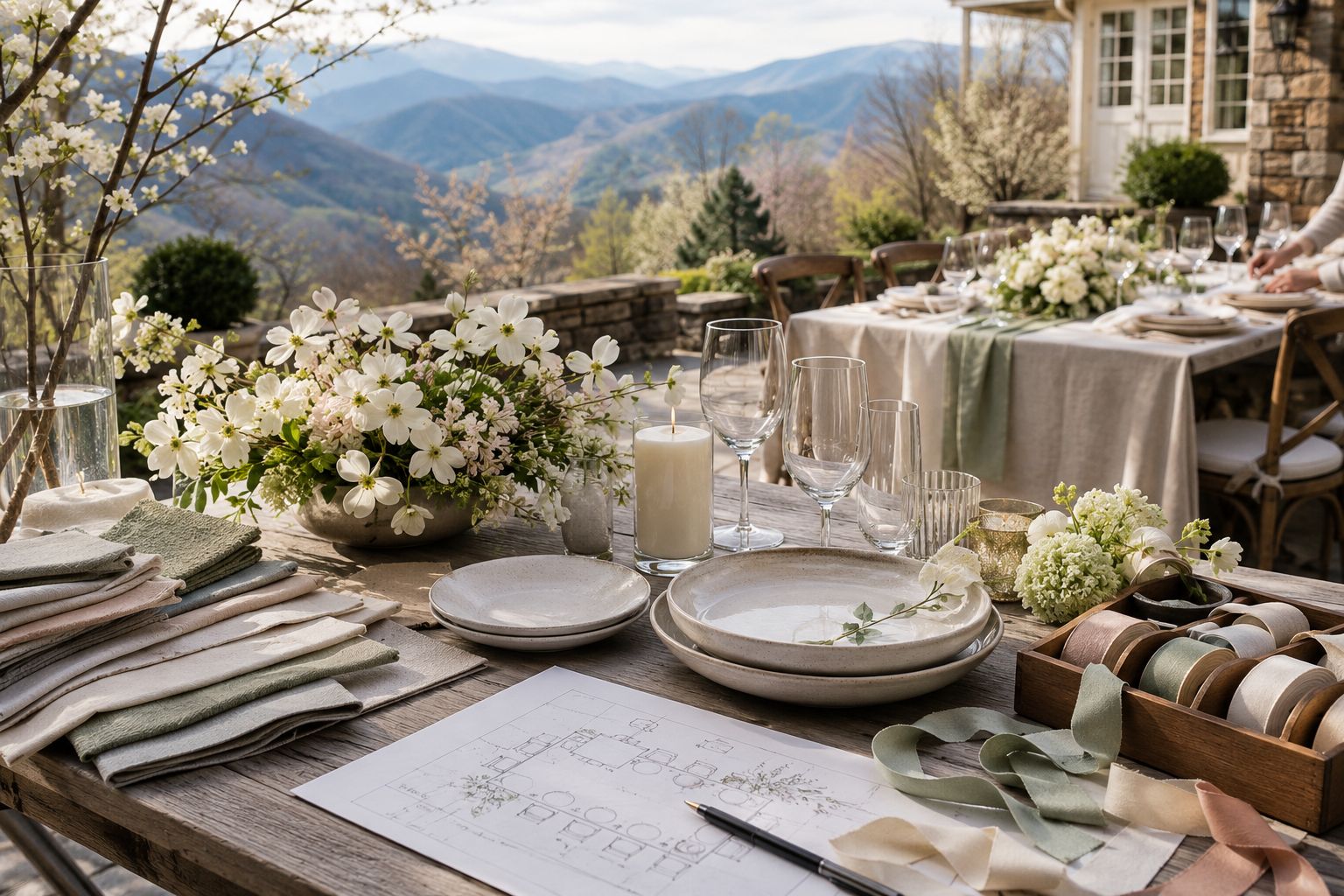 CATORI Artisian North Georgia Spring Event Design Planning - CATORI Artisan Outdoor dining table set for a special event with white floral centerpieces, candles, and glassware, overlooking mountains in the distance.