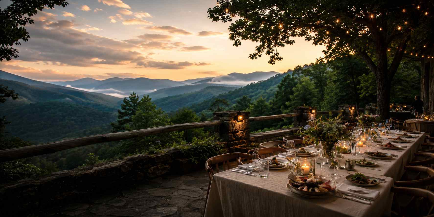 Outdoor dining table set for a meal on a terrace with a mountain sunset and string lights above the railing to the valley below.