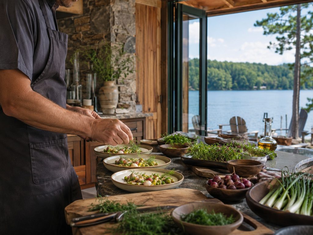 Chef in a dark apron garnishes bowls of salad on a rustic outdoor kitchen with a lake view through open doors.