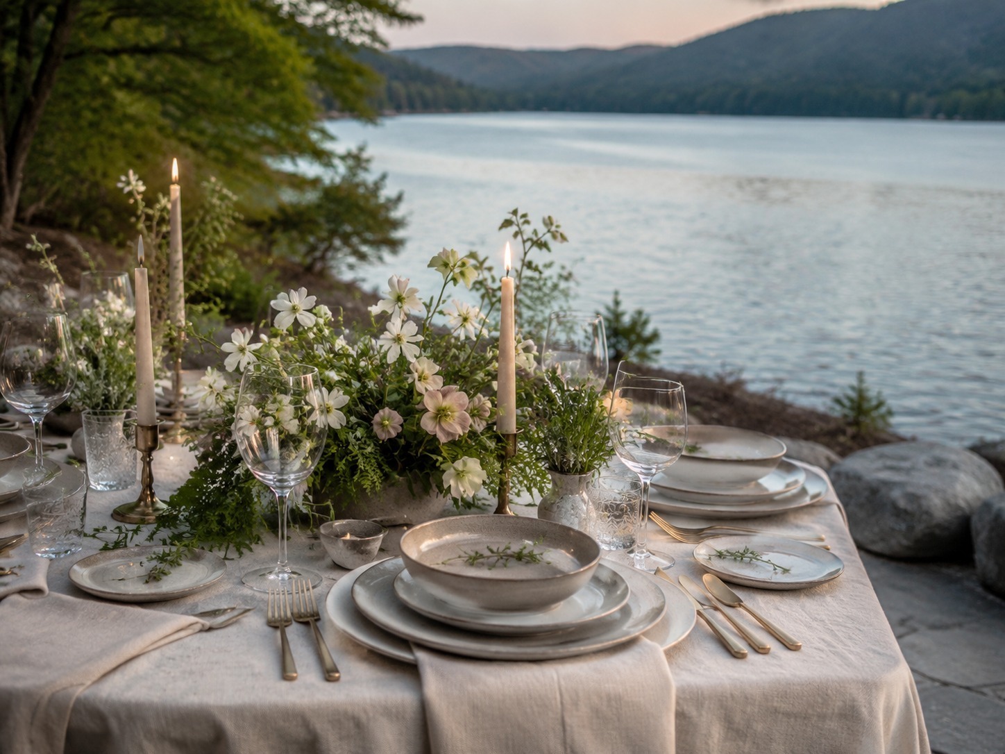 Table set for an outdoor lakeside dinner with candlelight and white flowers, overlooking a calm lake and hills in the distance.