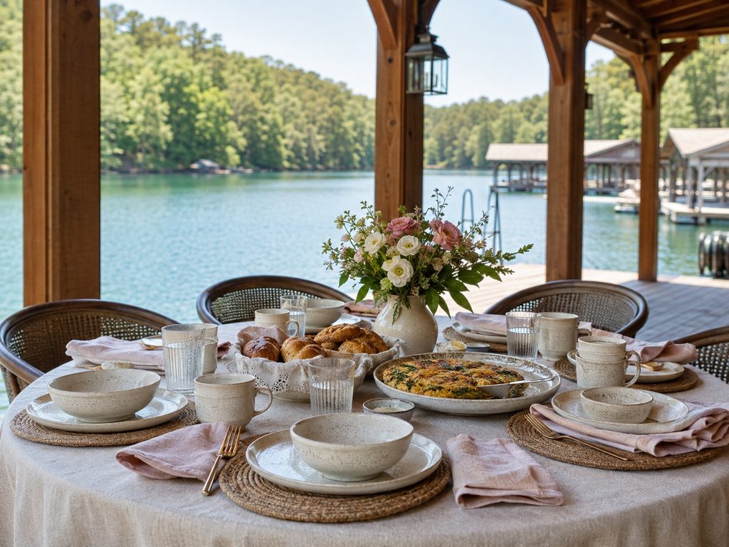 Round table set for brunch on a covered lakeside dock, with a floral centerpiece, croissants, a quiche, and ceramic tableware.