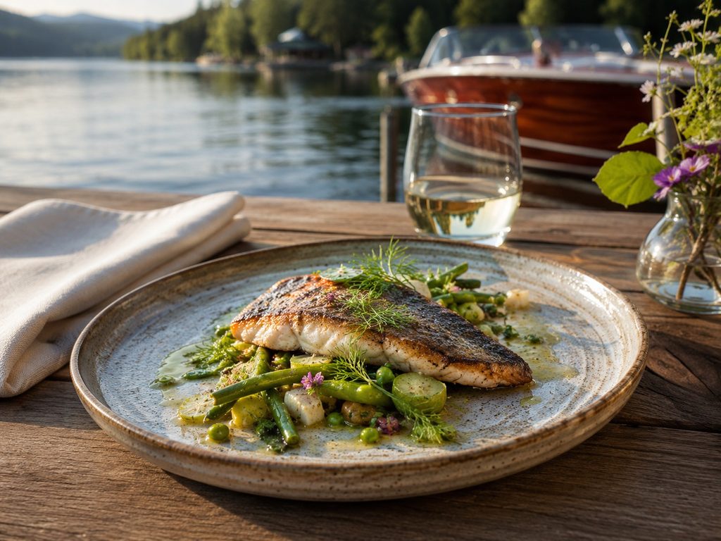 Seared fish fillet with vegetables on a rustic plate, set on a wooden table by a lakeside with a glass of white wine in the background.