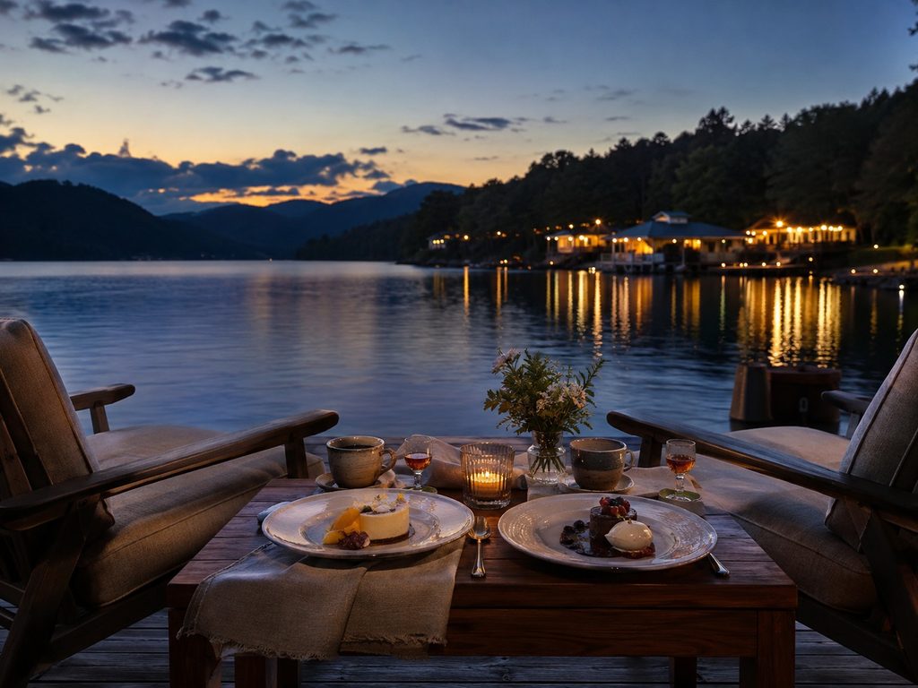 Romantic lakeside dinner at sunset: two chairs and a wooden table set for two with candles, flowers, and desserts by calm water.