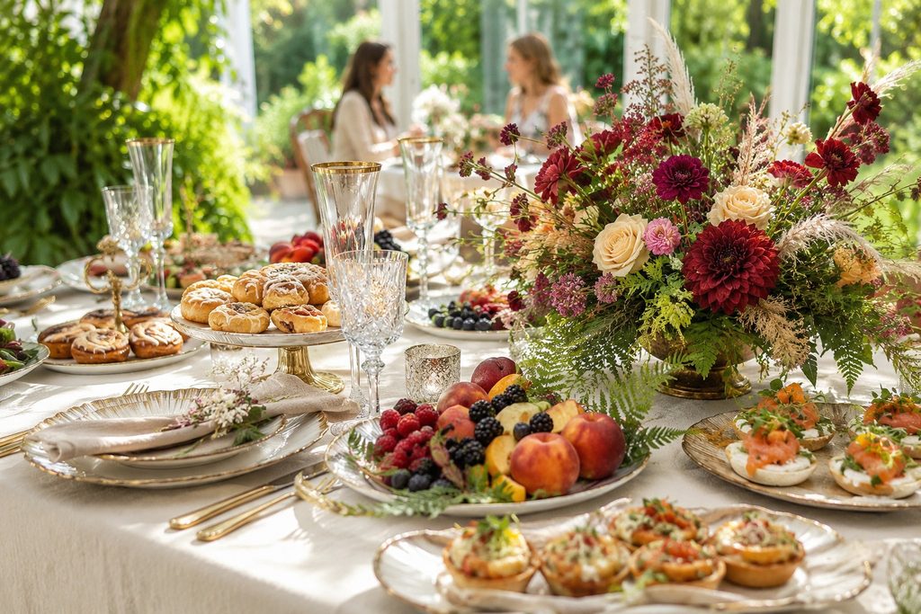Outdoor garden party table set with fruit platter, pastries, and a large colorful flower centerpiece in sunlight.