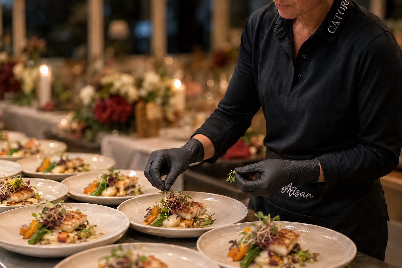 Chef wearing black gloves plates a gourmet fish dish in a candlelit dining room.