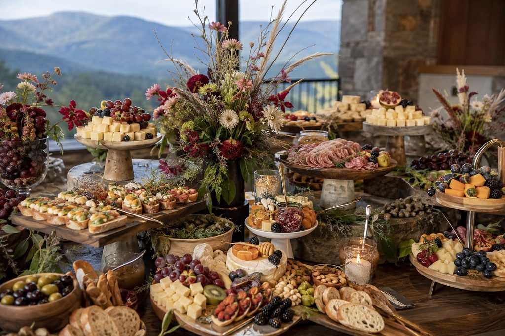 Outdoor rustic charcuterie spread with cheeses, breads, grapes, and fresh flowers against mountain scenery.
