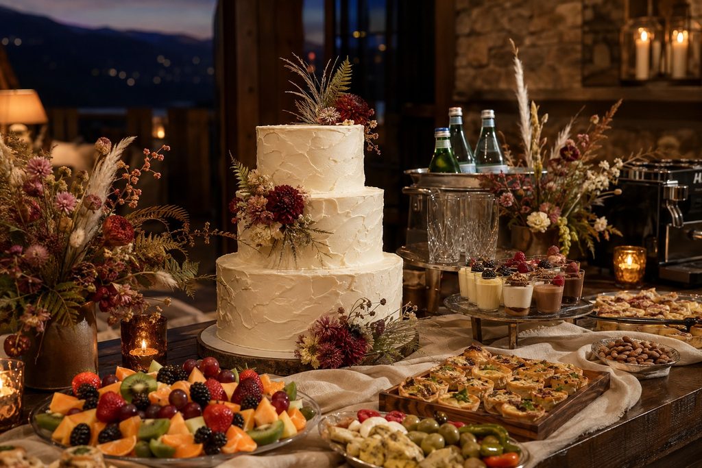 Three-tier white cake with textured frosting and dried flowers, centerpiece on a dessert table with fruit, pastries, and drinks in warm candlelight.