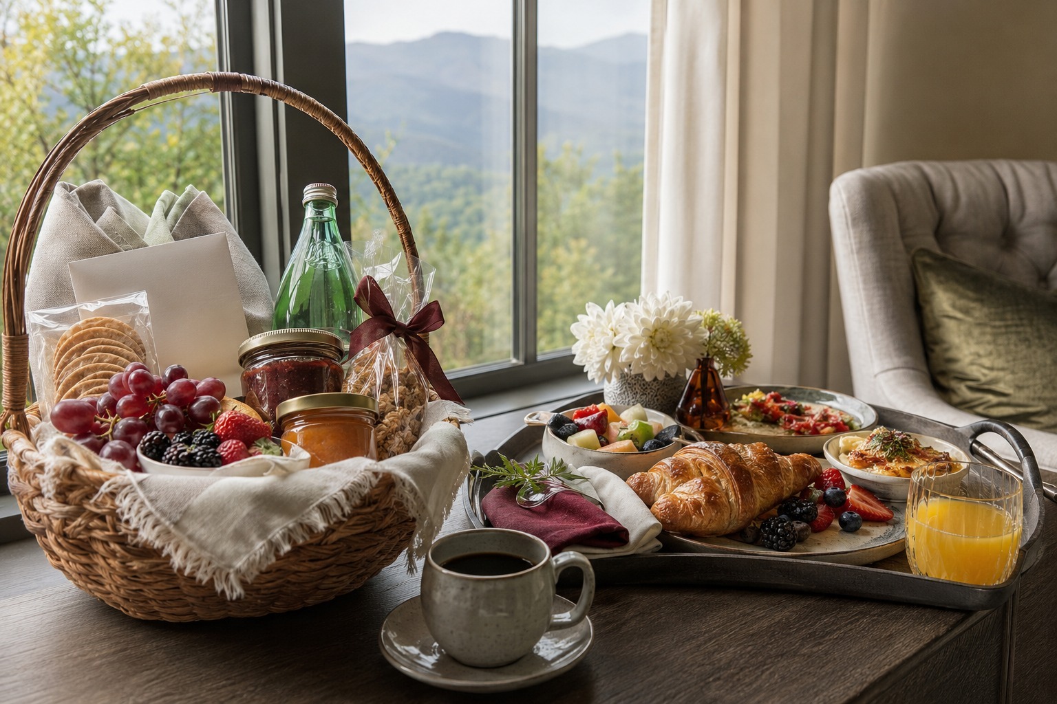 Cozy breakfast spread on a table by a window: croissants, fruit, jams, juice, and coffee with a basket of snacks nearby.