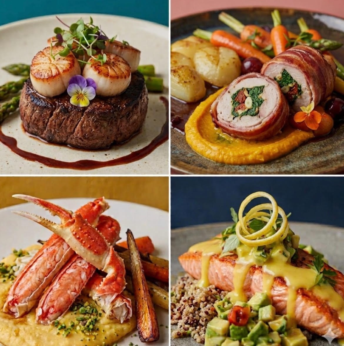 Collage of four plated dishes: steak with seared scallops, bacon-wrapped stuffed chicken, lobster tail on creamy puree, and salmon with avocado salsa.