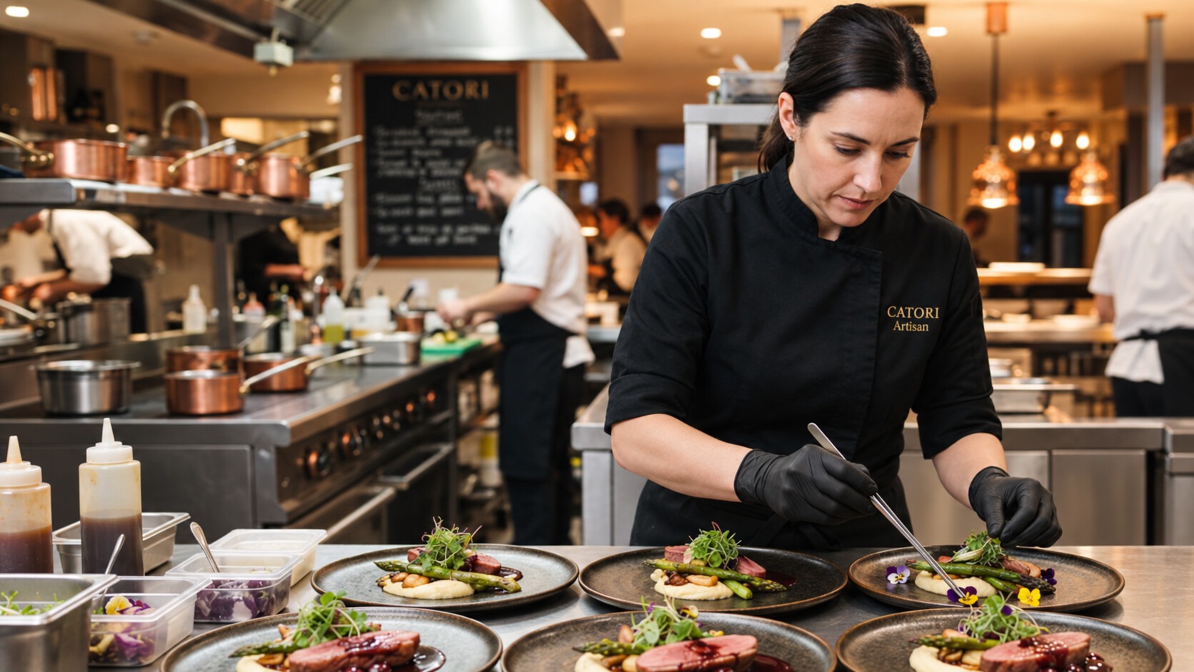 CATORI Artisan chef finishing plated entrees in a professional kitchen