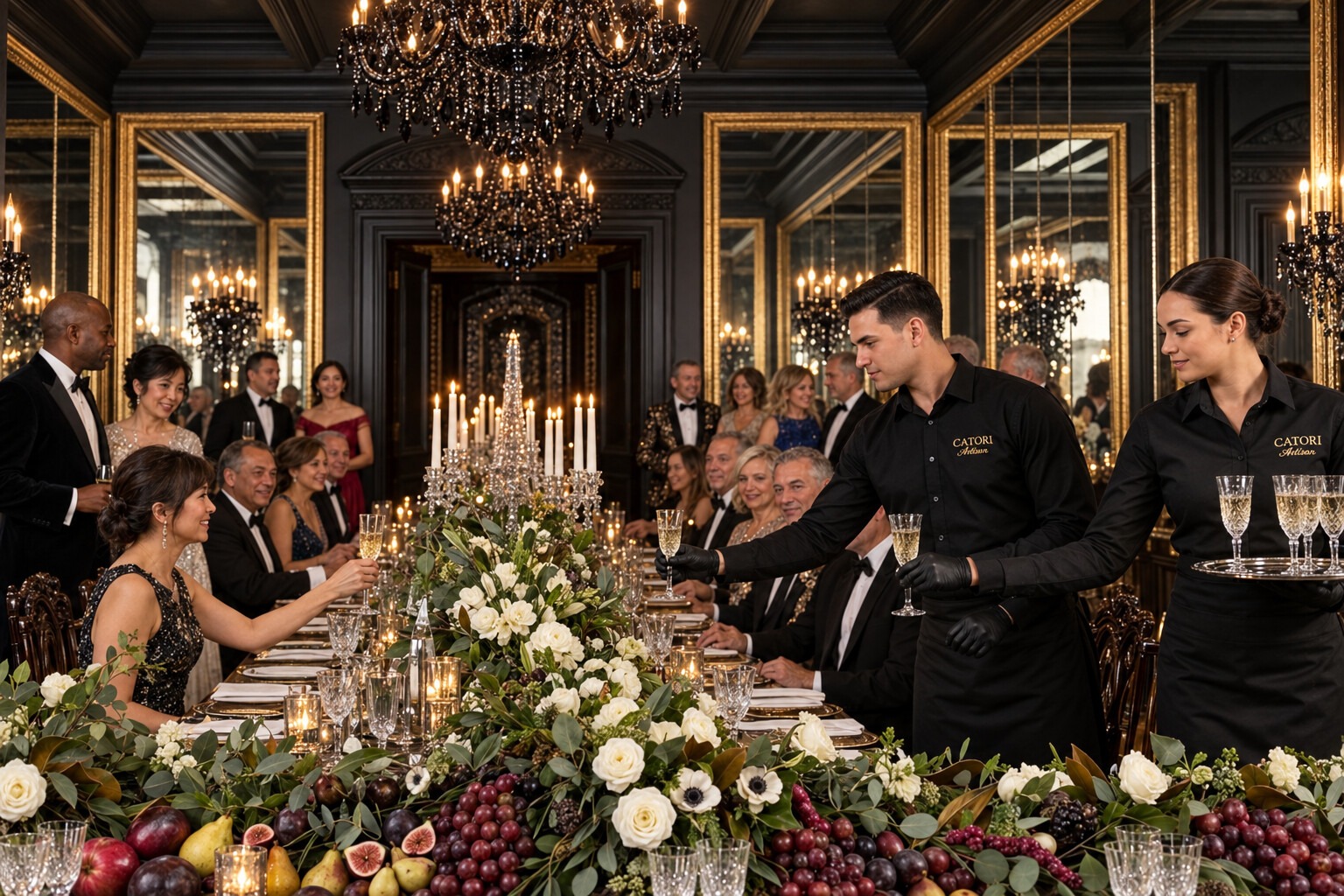 CATORI Artisan team providing champagne service at an elegant formal dinner