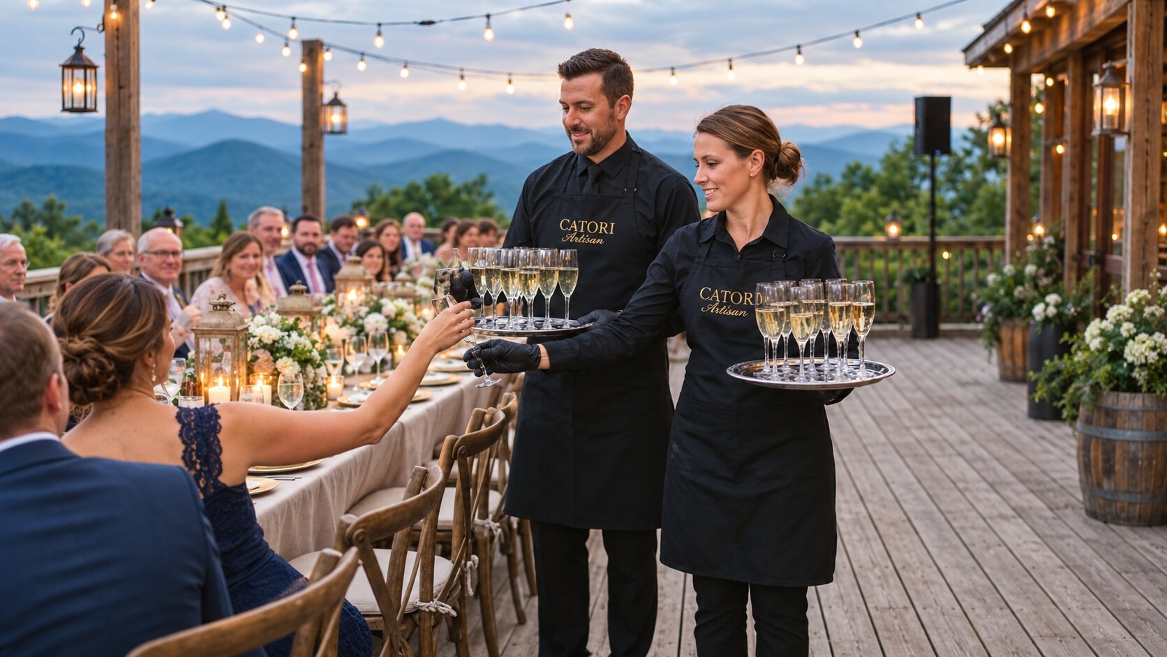 CATORI Artisan team serving champagne at a Blue Ridge Mountain wedding dinner