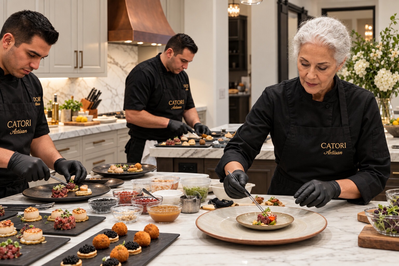 CATORI Artisan culinary team plating appetizers on site