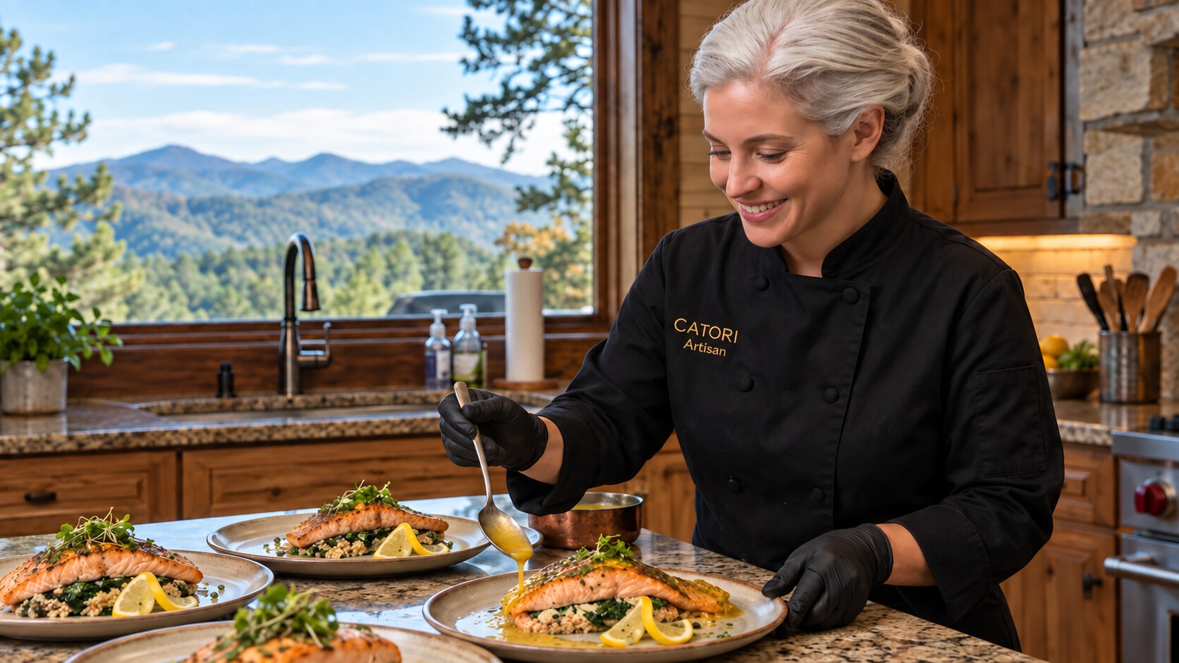 CATORI Artisan private chef plating salmon in a North Georgia mountain home