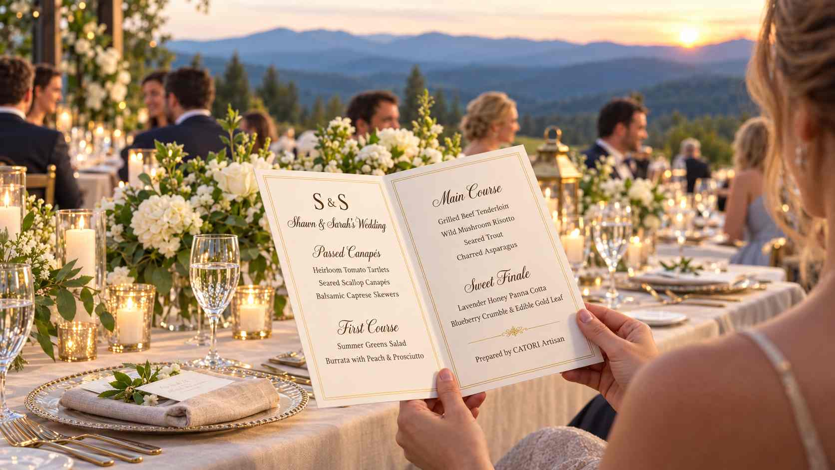 Guest holding a two-page wedding menu at an outdoor sunset reception with white floral centerpieces and candlelight