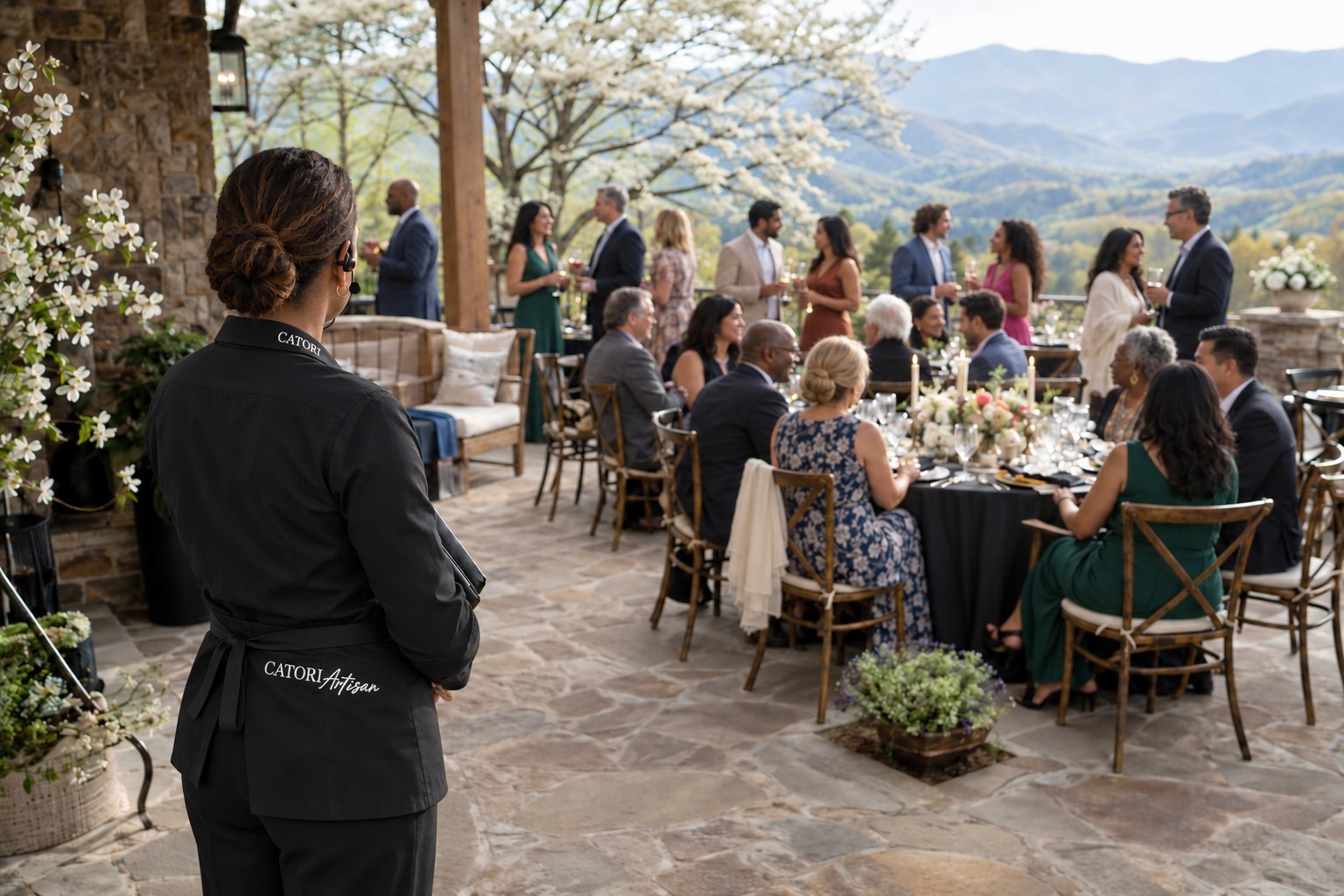 CATORI Event Coordinator - CATORI Artisan Server in a black uniform stands on a stone patio overlooking a mingling wedding reception with guests at round tables and mountain scenery behind them.