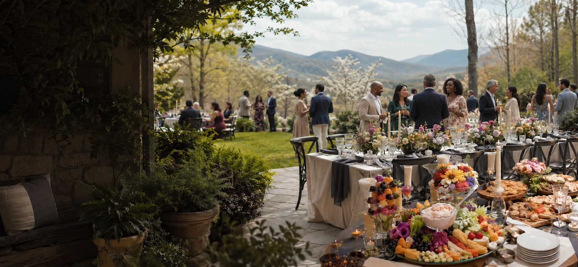 CATORI Mountain Garden Reception - CATORI Artisan Outdoor wedding reception on a patio with mountain views; guests mingle near a long tablescape of flowers, candles, and a fruit/charcuterie spread.