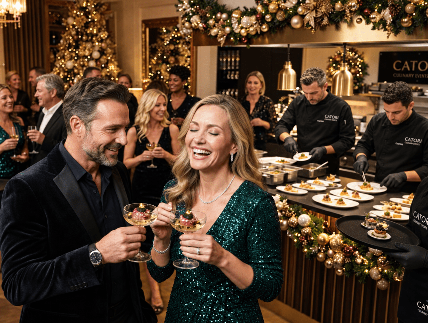 Smiling couple toasting with champagne glasses at a Christmas party with a festive bar and sequined outfits in the background.