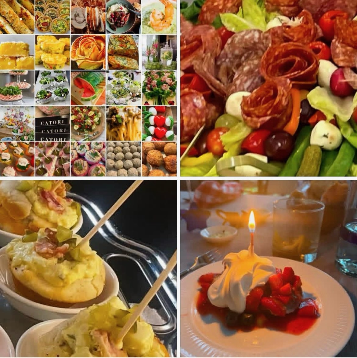 Collage of assorted party foods including appetizers, salads, cheese boards, and desserts